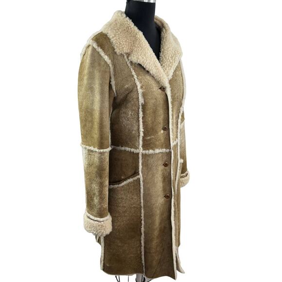SUNDANCE Tan Suede Leather Sherpa Shearling Long Midi Coat Jacket Collar 12 - Picture 1 of 9